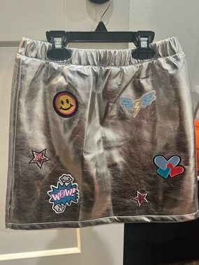Lola + The Boys Silver Metallic Patch Skirt with Colorful Patches